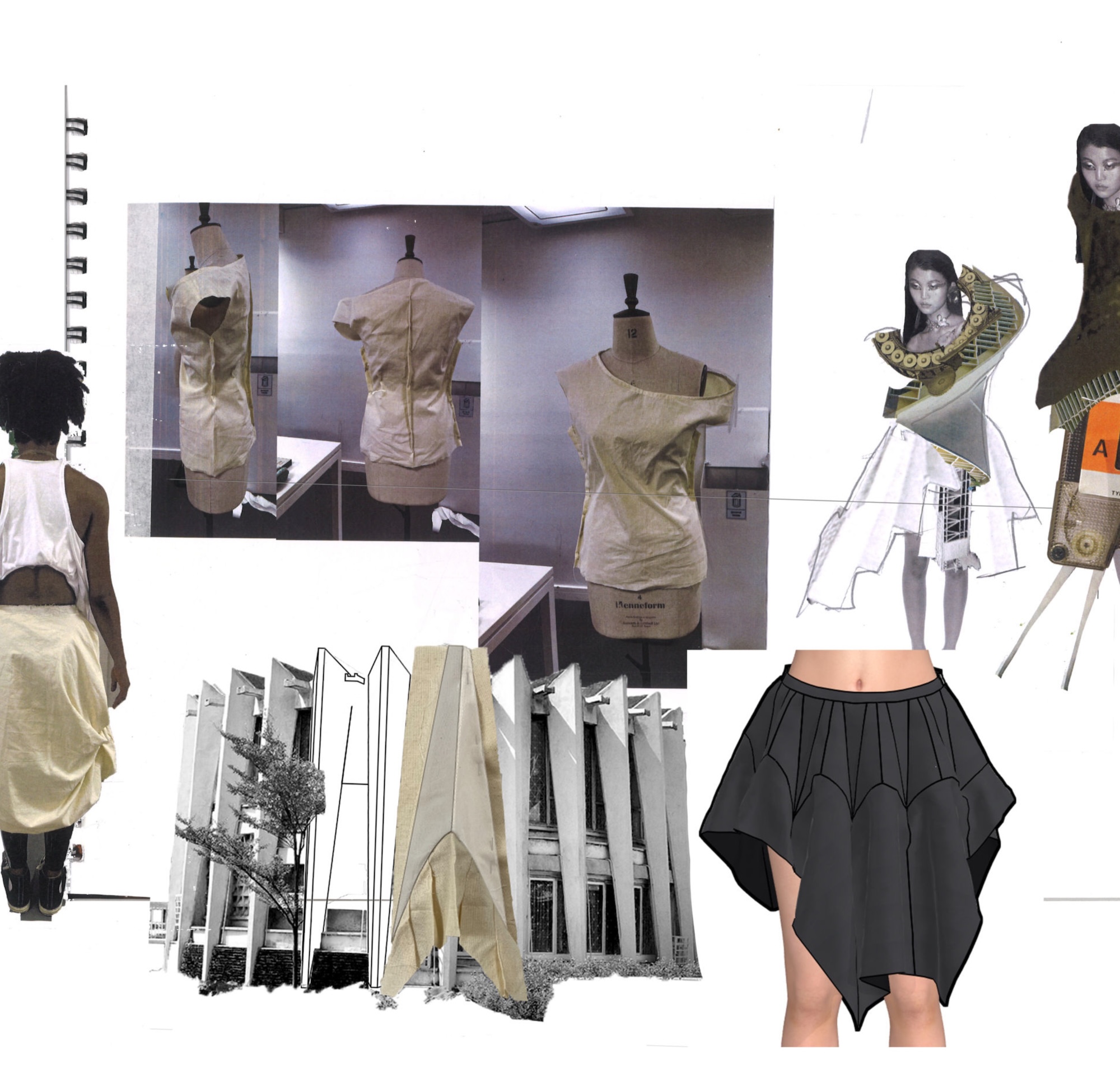 A fashion design mood board shows draped beige garments, black-and-white building references and sketch illustrations of asymmetric outfits on a white background.