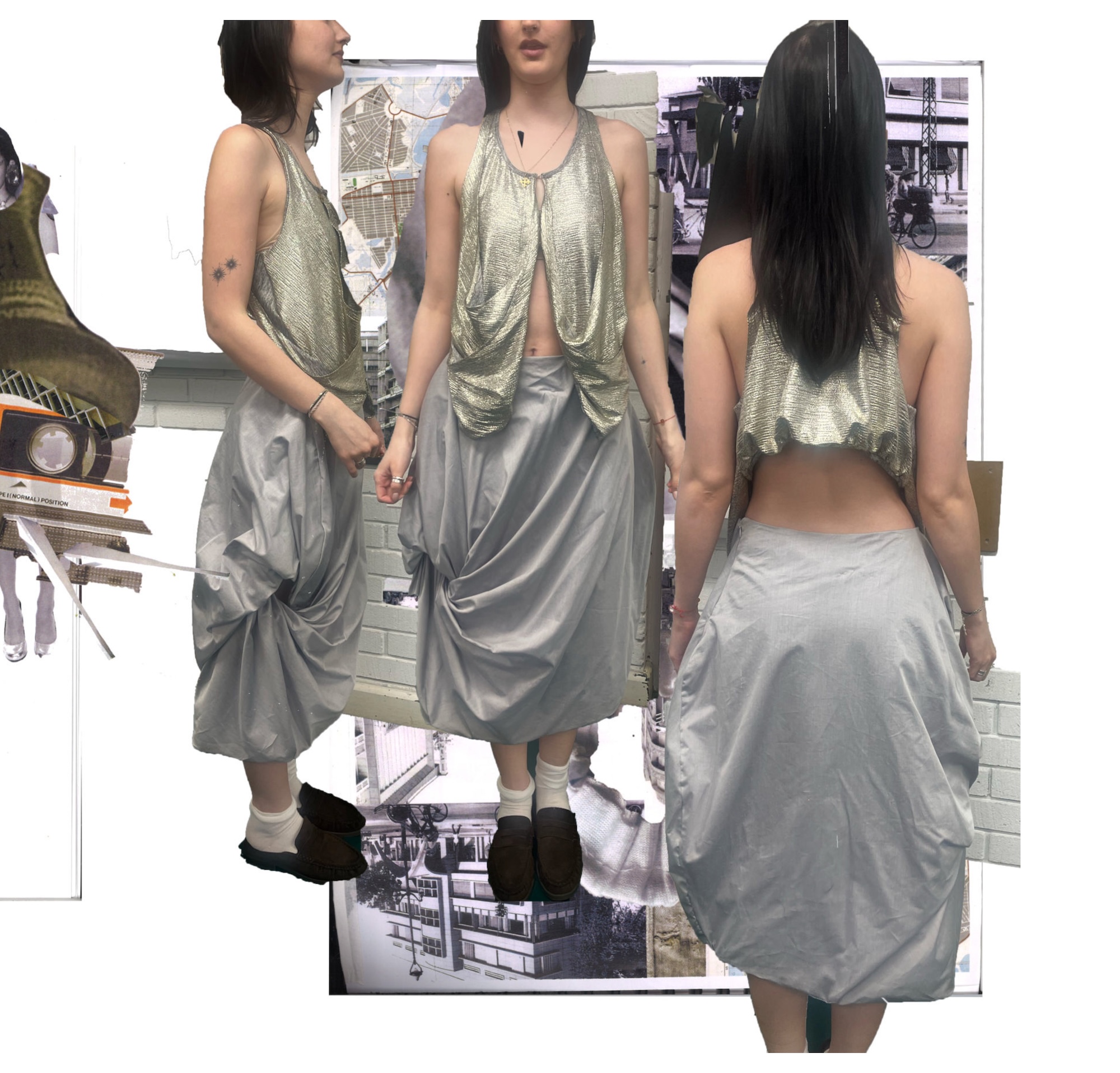 A fashion collage shows the same woman in a metallic sleeveless top and draped grey skirt from three angles, arranged over magazine-style background images.