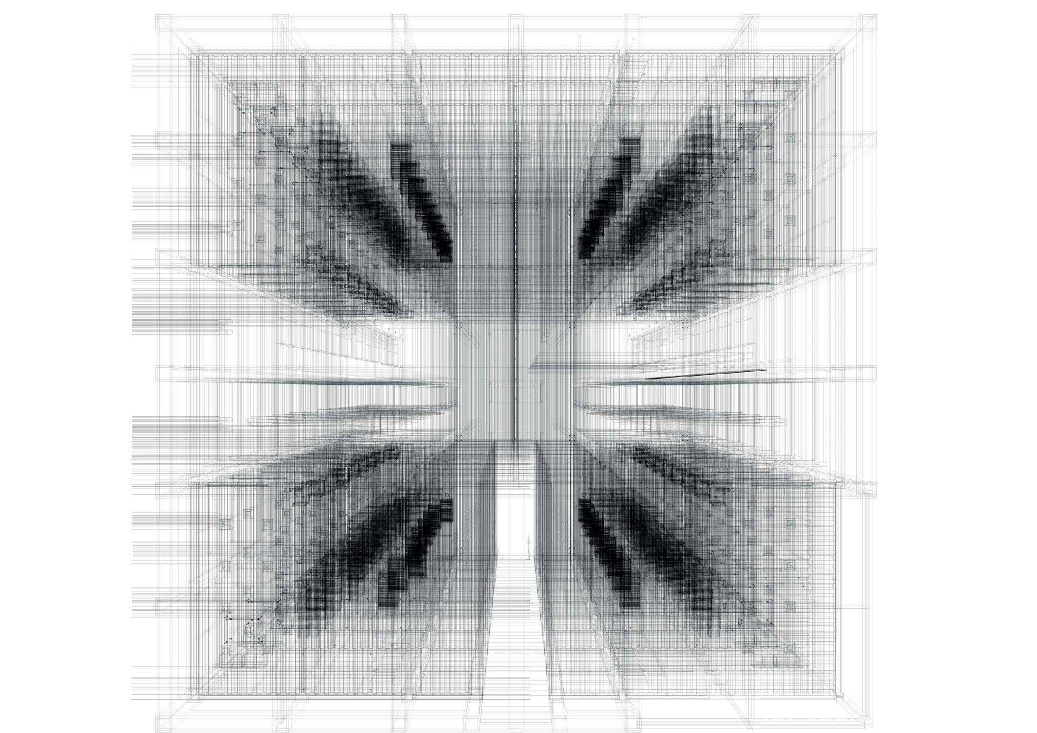 Abstract architectural render, black and white layers from a bird's-eye view.