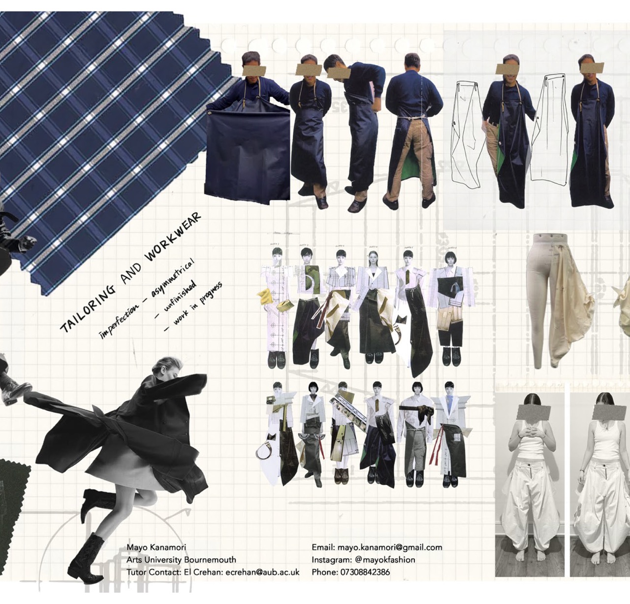 A fashion design mood board for tailoring and workwear shows multiple outfit sketches and fabric swatches, including dark navy garments, white clothing and plaid fabric on a grid background.