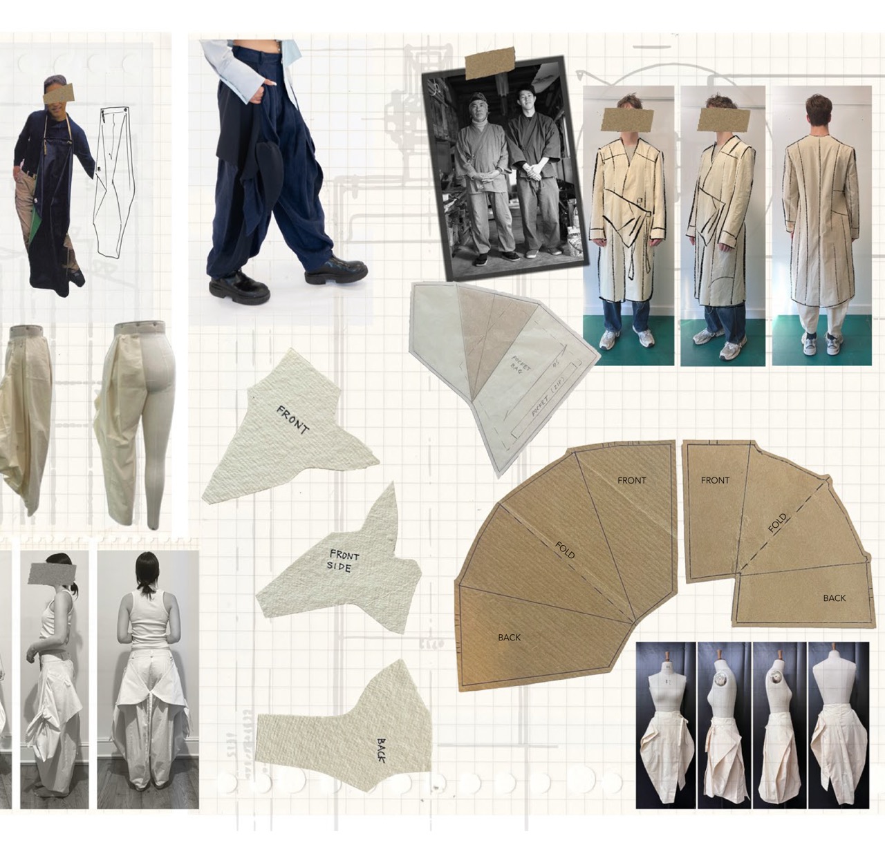 A collage of fashion design reference images showing draped garments, pattern pieces and sewing mock-ups on a grid background.