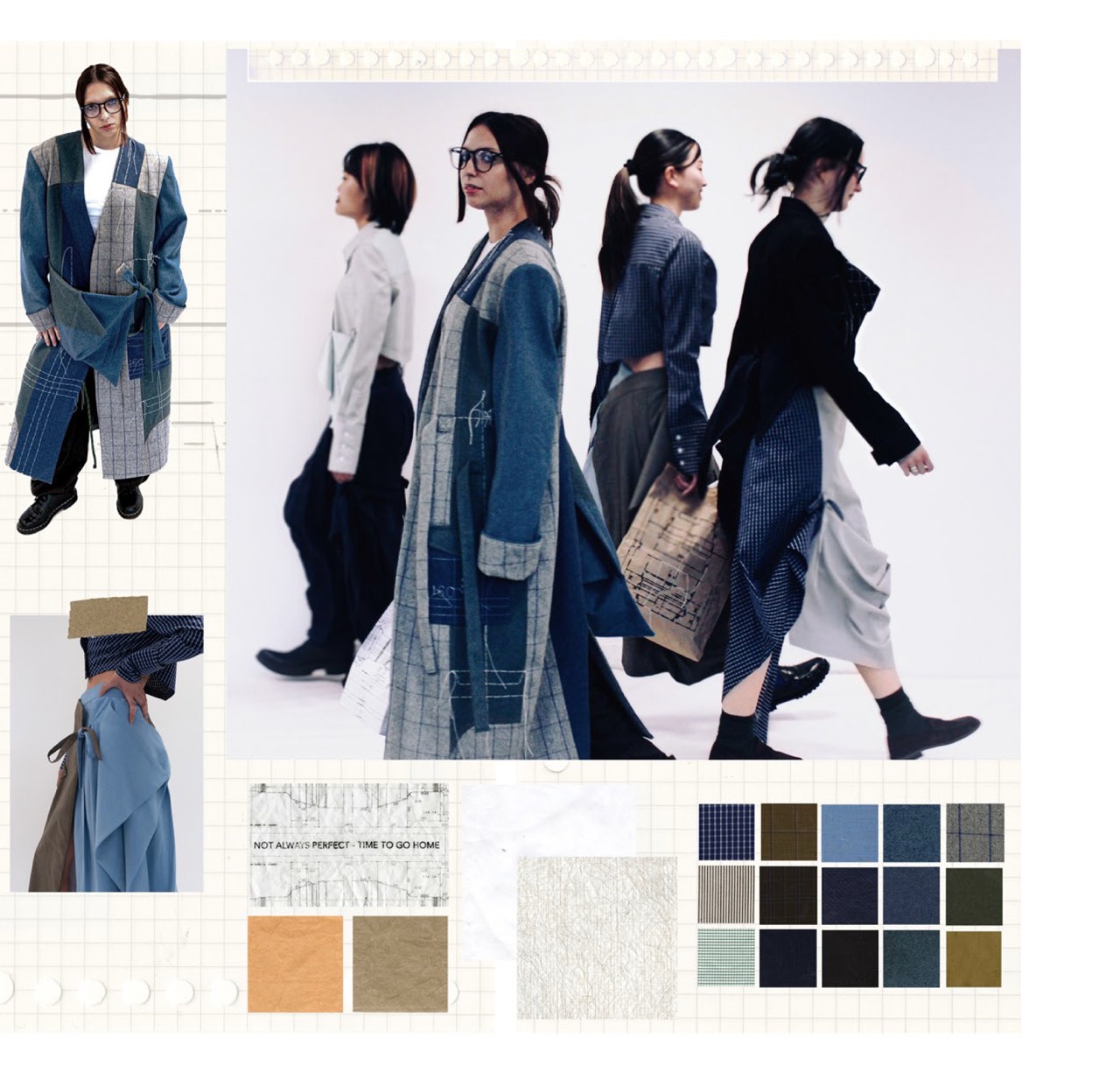 Fashion mood board showing a woman in layered blue and grey patchwork outerwear, accompanied by profile views and fabric swatches on a white grid background.