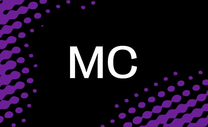 Black tile with purple pixellated accents and the initials MC in the centre.