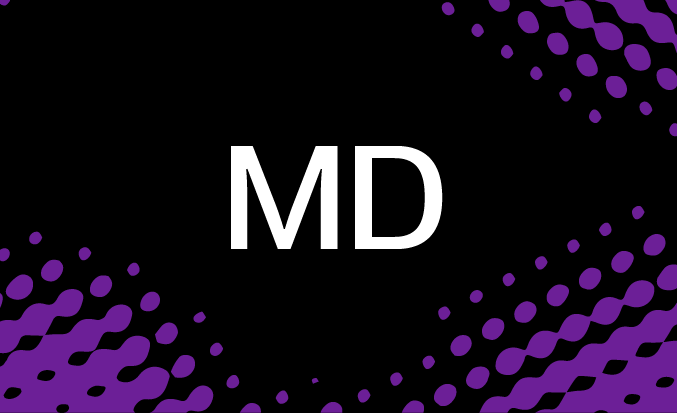 Black tile with purple pixellated accents and the initials MD in the centre.