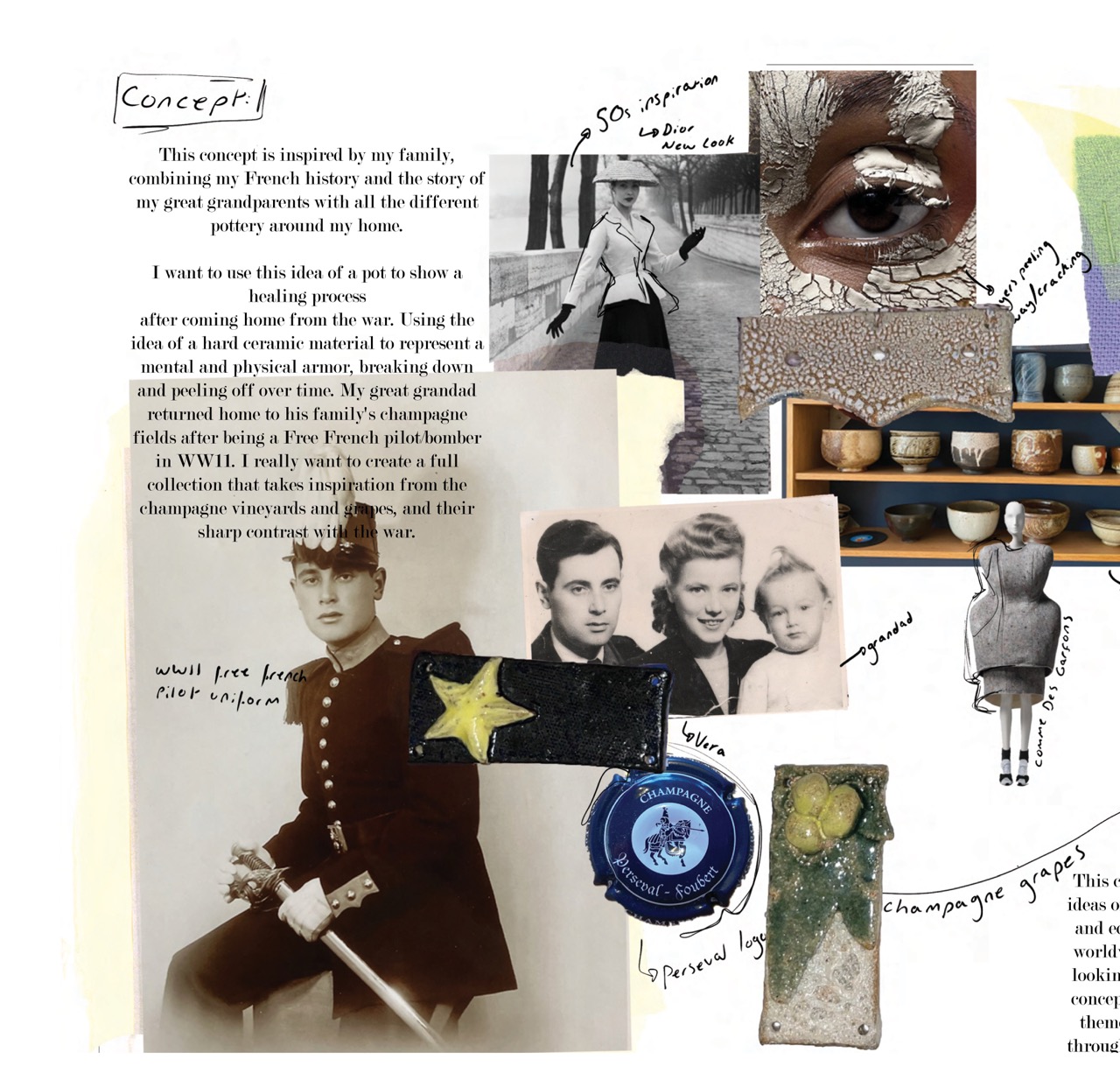 A handmade concept collage on white paper combines handwritten notes, vintage family photos, and images of ceramics, including a small portrait of a woman in a dark uniform at the lower left.