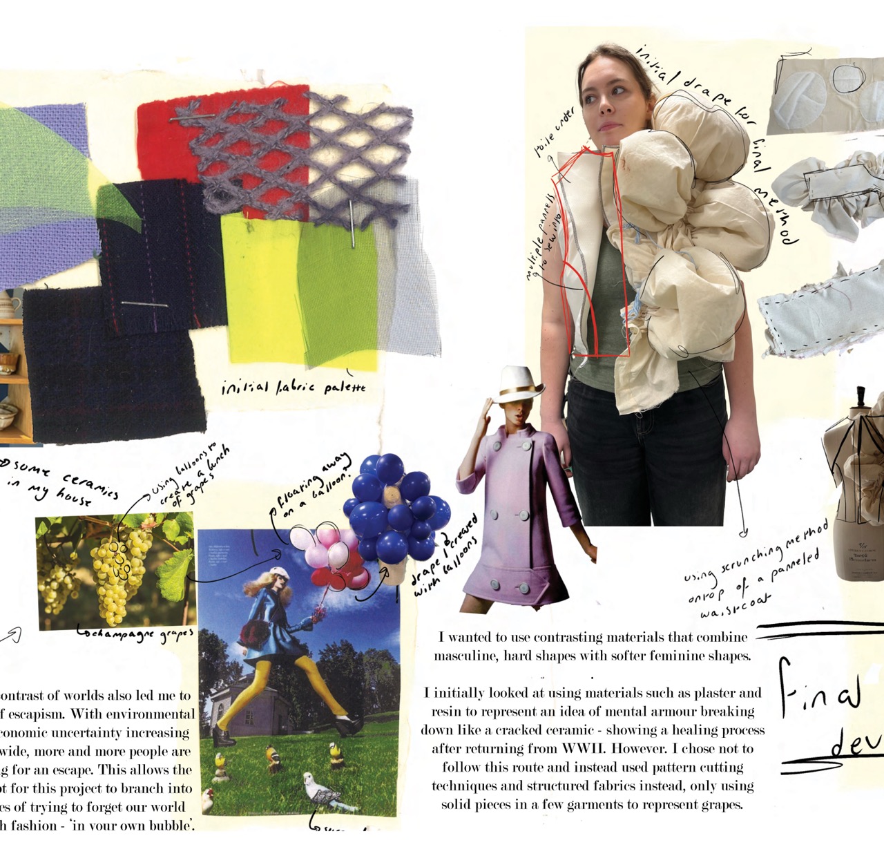 A fashion mood board showing fabric swatches, garment sketches and reference photos around a model wearing a cream puffer jacket and black trousers.