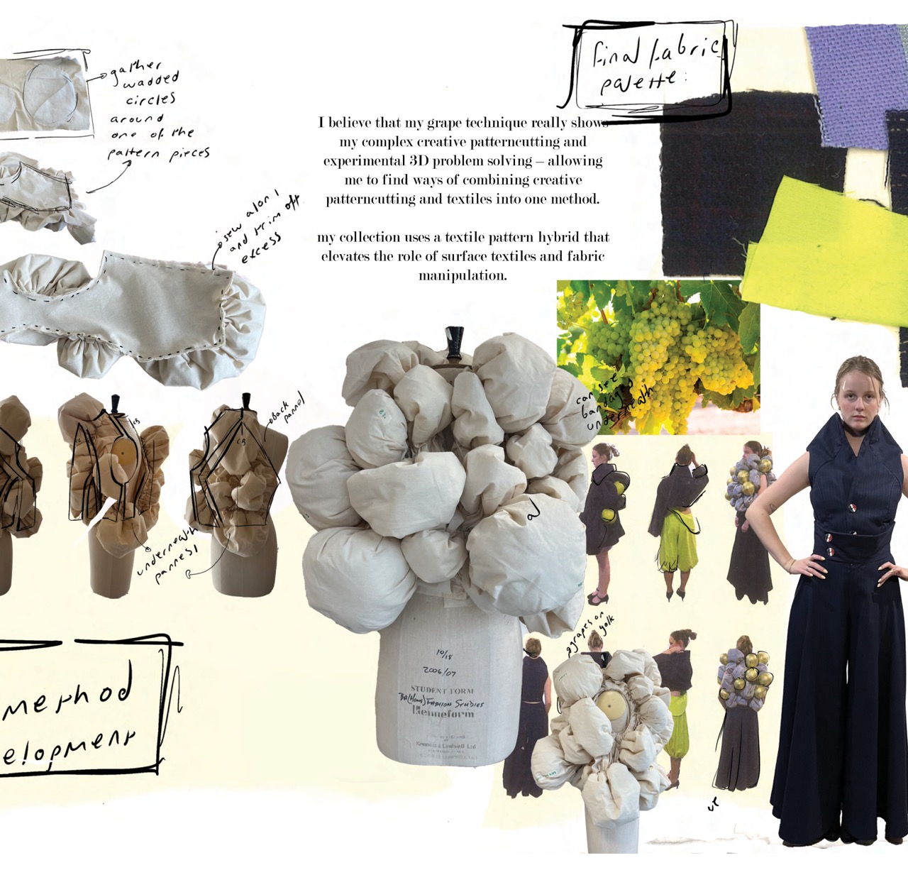 A fashion design mood board shows fabric swatches, draped textile sketches, handwritten notes and garment concept images, alongside a model in a dark navy sleeveless outfit.