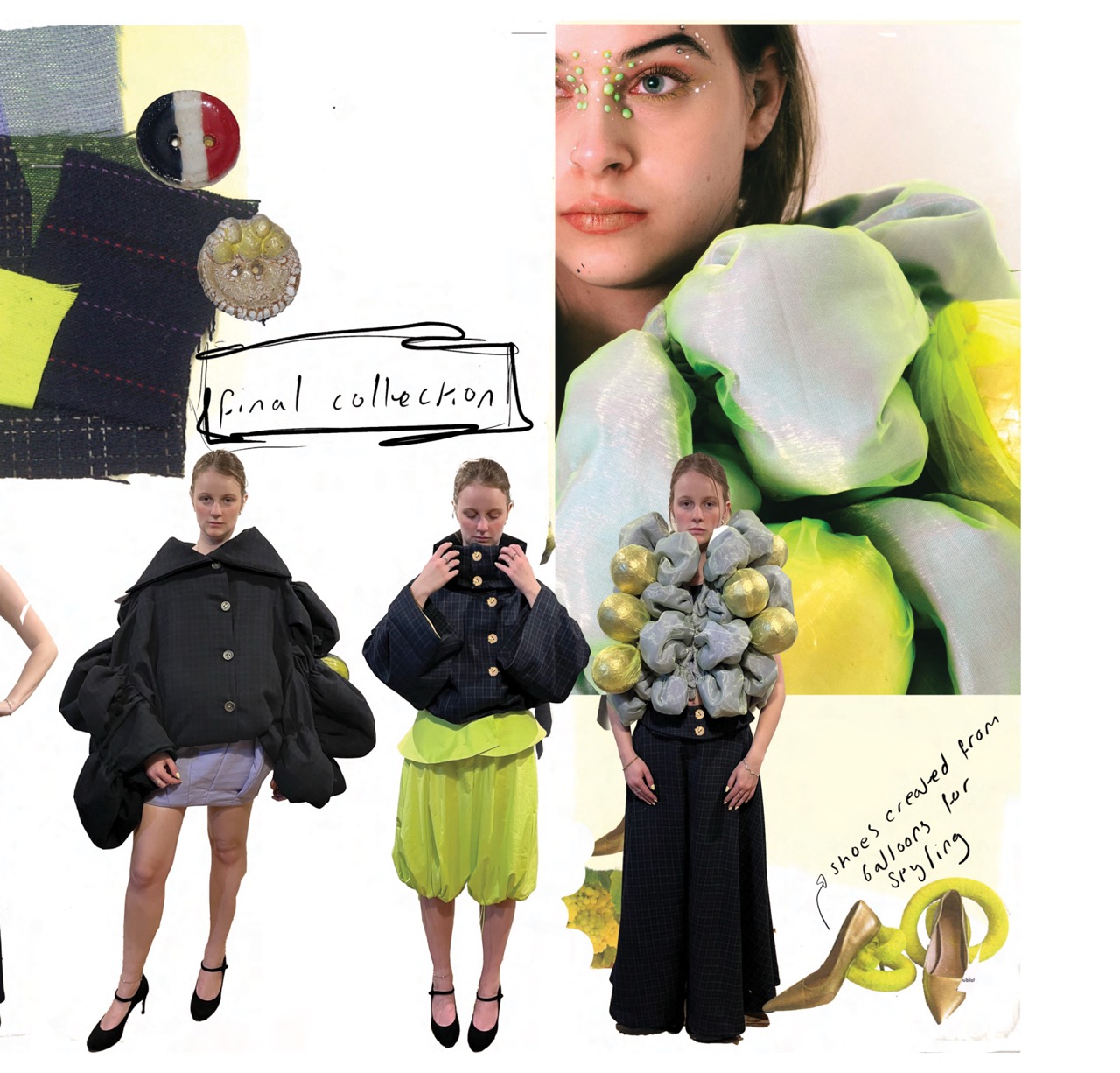A fashion collage shows three models in oversized avant-garde outfits alongside close-up fabric and face details, with the handwritten words 'final collection'.
