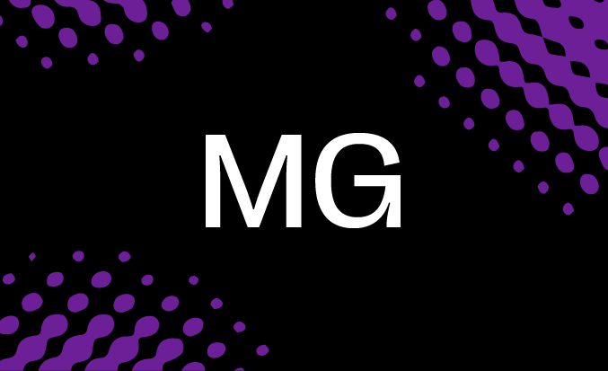 Black tile with pixellated purple accents and the initials MG in the centre.