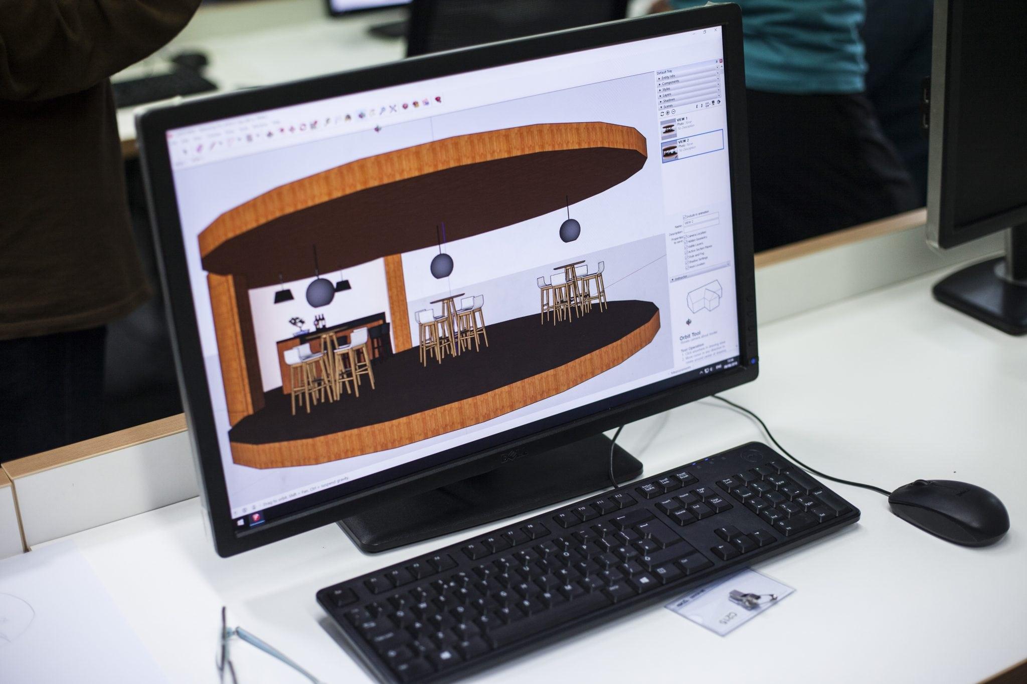 A circular, wooden dining area 3D render in software on a computer.