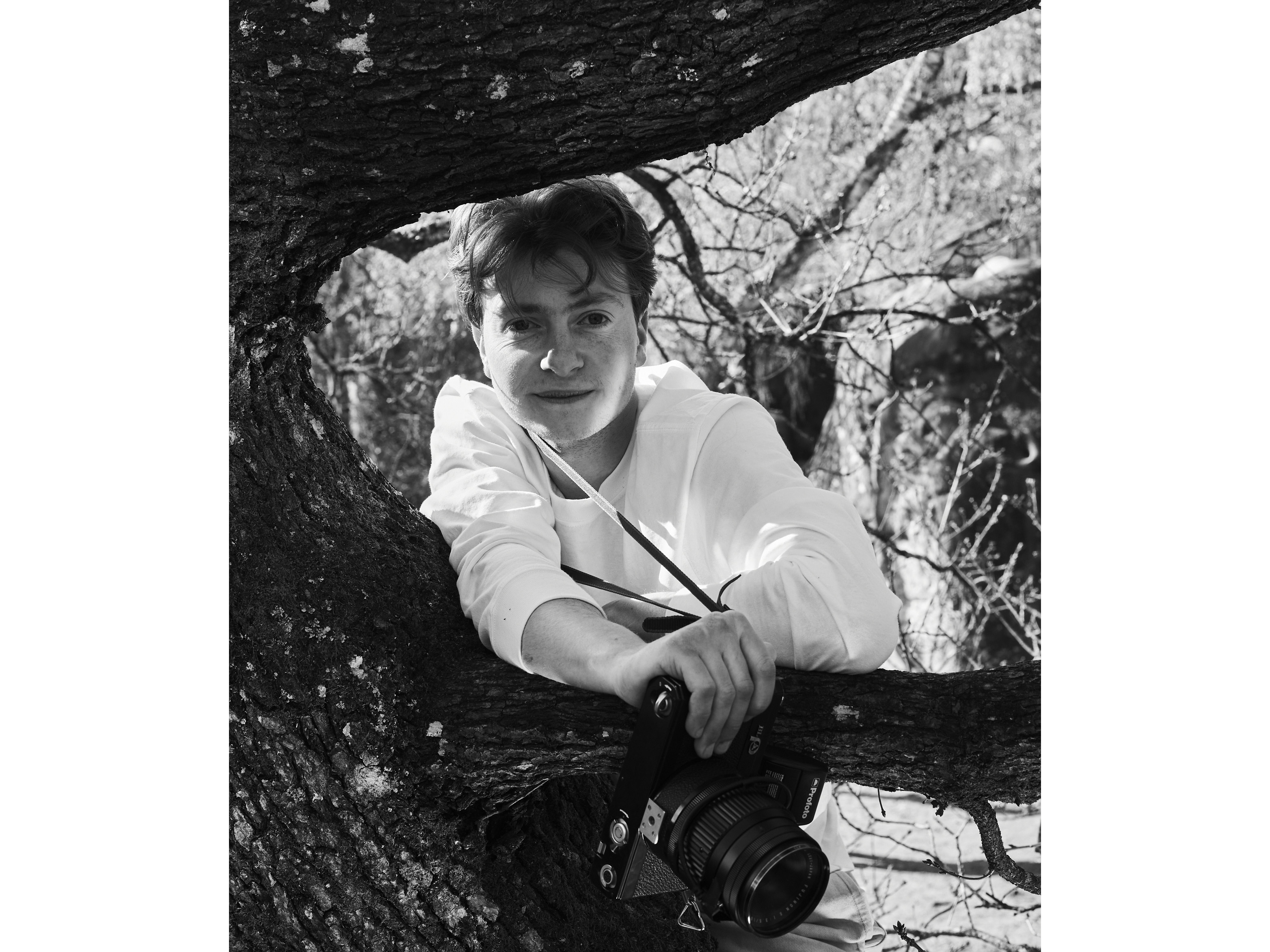 Black and white image of person in white shirt sitting amongst dark tree branches with textured bark and rocky background.