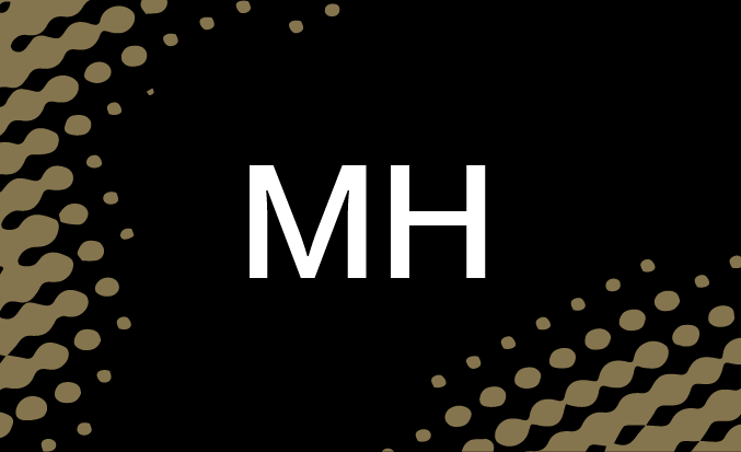 Black tile with gold pixellated accents and the initials MH in the centre.