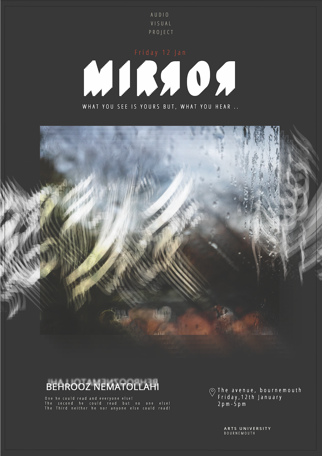 Dark grey poster with large white "MIRROR" text. Abstract central image shows blurred green, white, and orange shapes with flowing, distorted elements.