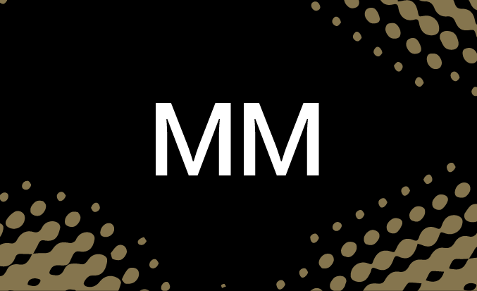 Black tile with gold pixellated accents and the initials MM in the centre.