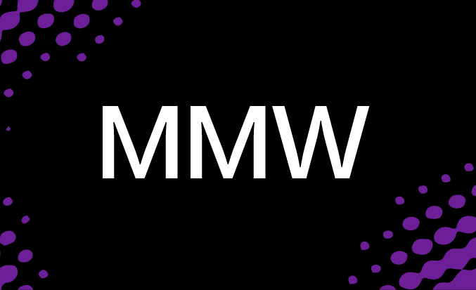 Black tile with pixellated purple accents and the initials MMW in the centre.