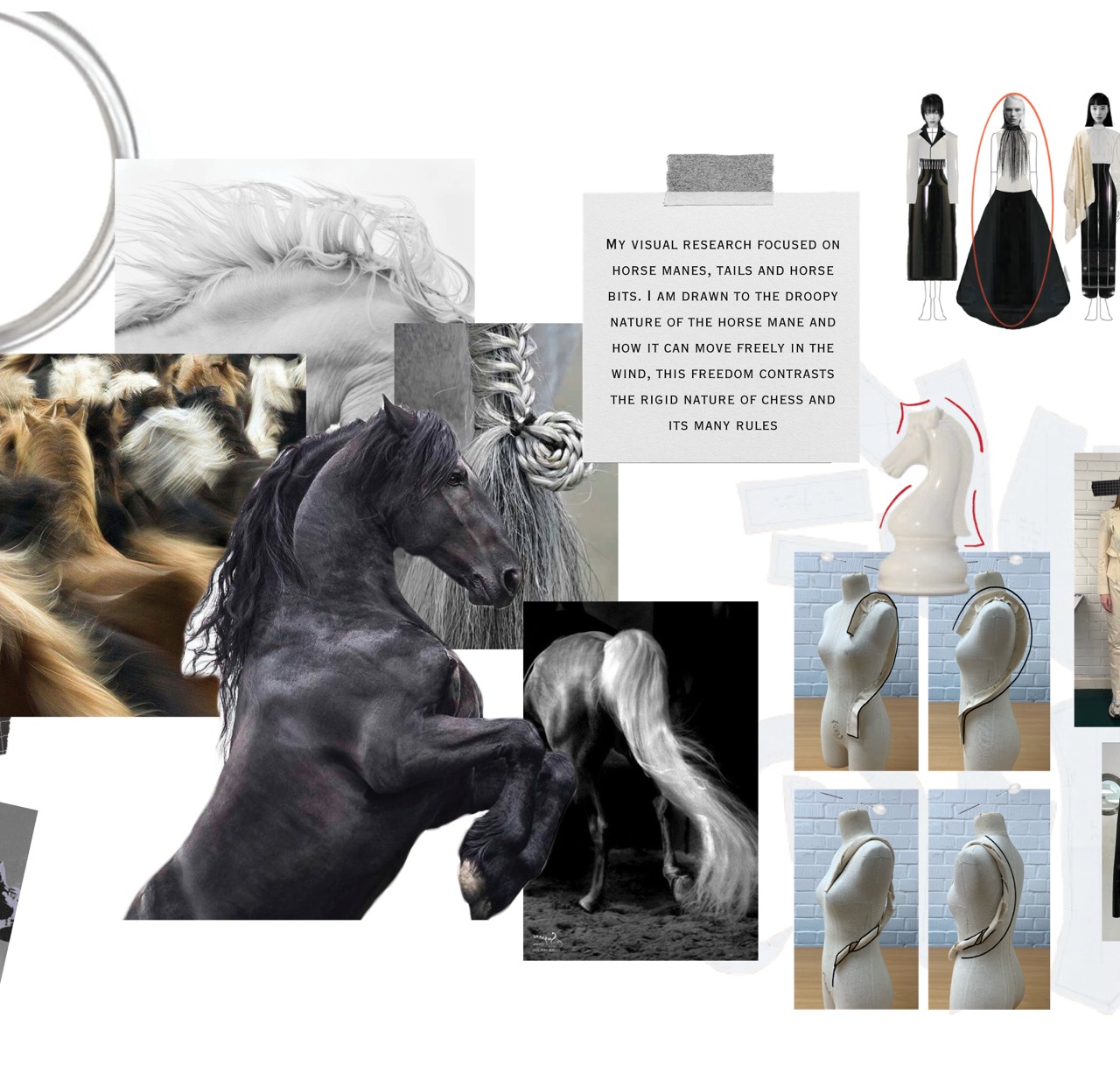 A fashion mood board featuring horses and black-and-white dress sketches, with a central dark horse image and smaller reference photos arranged on a white background.