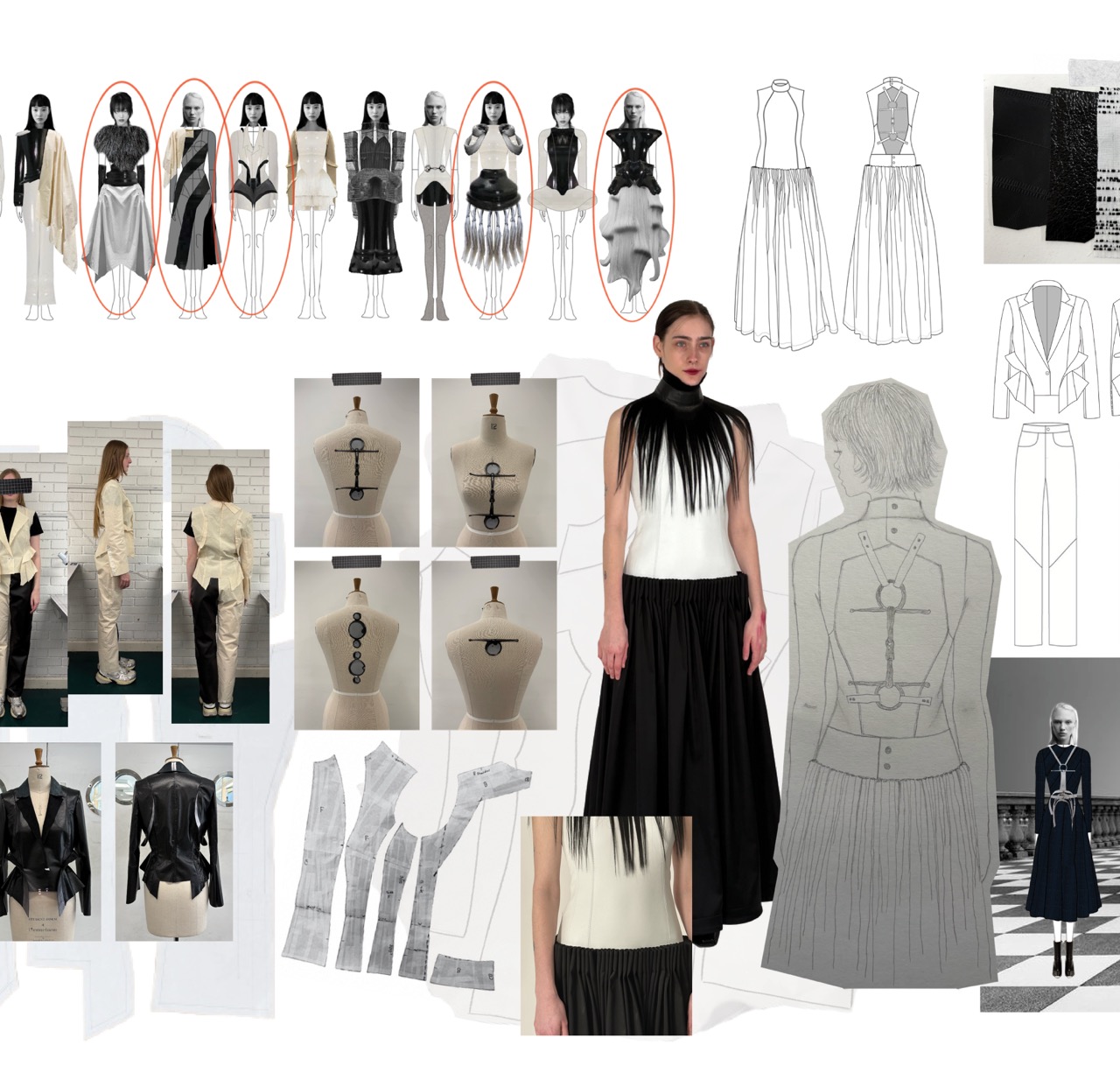 A fashion design mood board showing sketches, fabric swatches and fitting photos, with a model in a white top and long black skirt centred among garment concepts.