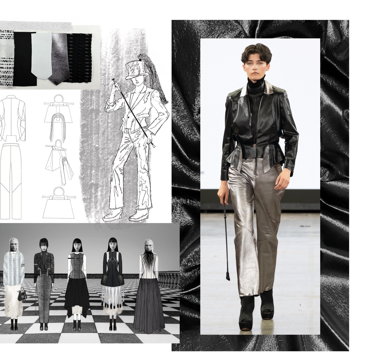 A fashion design mood board shows garment sketches, fabric swatches and runway photos, including a model in a black leather jacket and silver trousers.