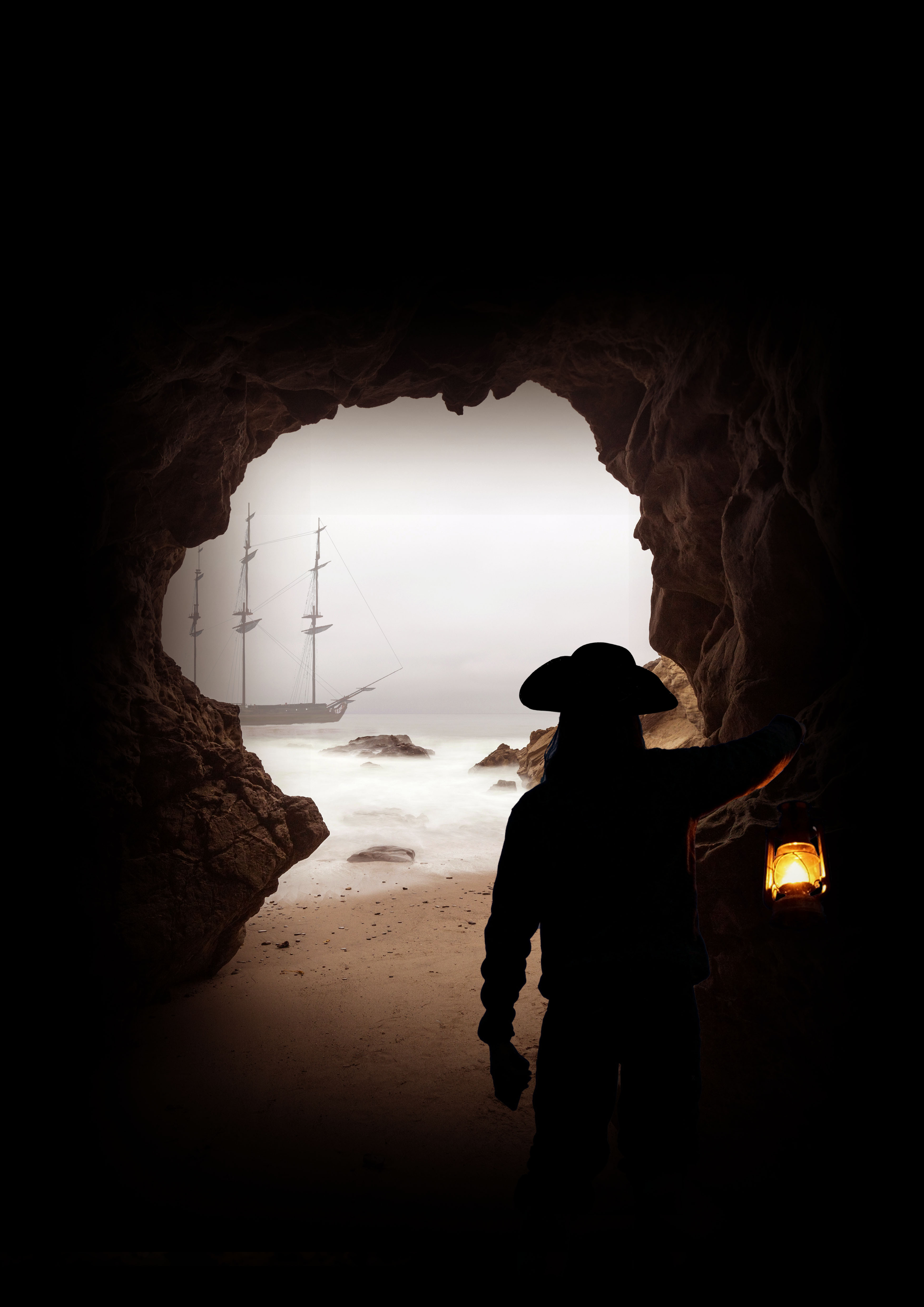 Dark cave opening frames silhouetted figure holding orange lantern, overlooking misty seascape with sailing ship in grey-white distance.