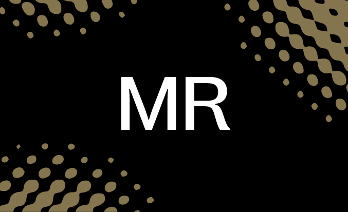Black tile with gold pixellated accents and the initials MR in the centre.