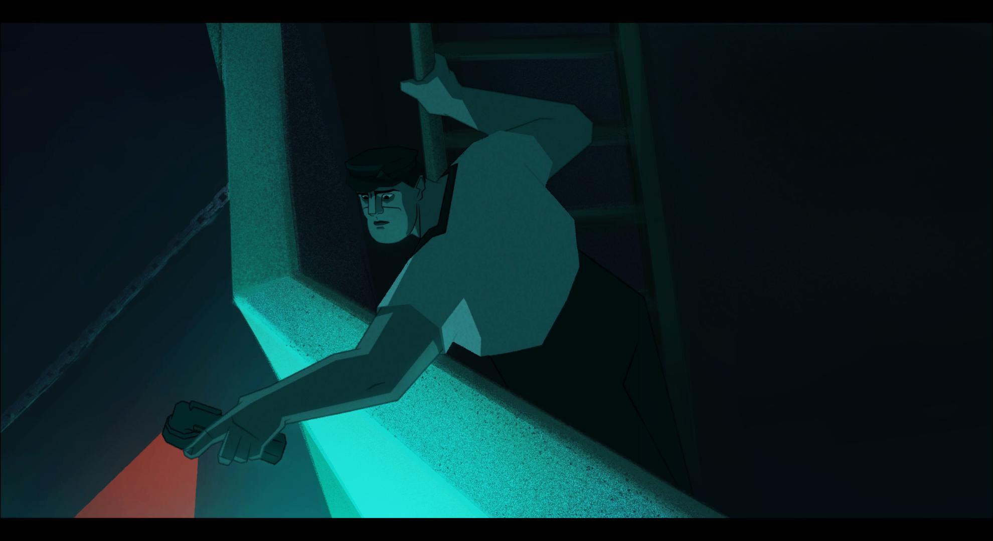 Animation still showing a sailor looking over the side of their boat.