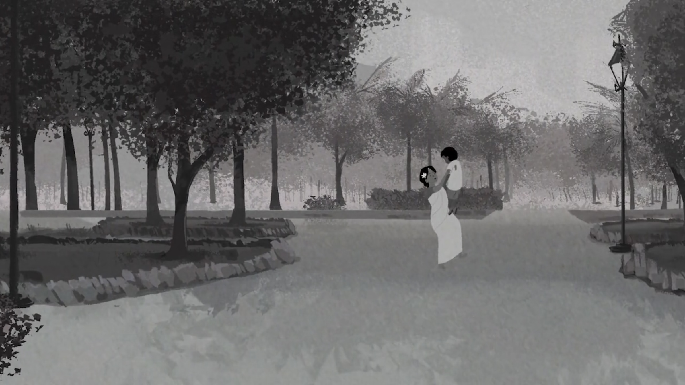 An illustration of a woman and her child in a black and white park scene – the opening shot of 'The Man Who Loved Flowers'.