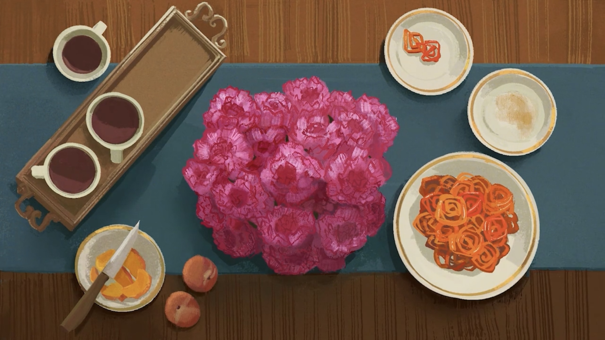 Illustration of carnations and tea – a scene from 'The Man Who Loved Flowers'.
