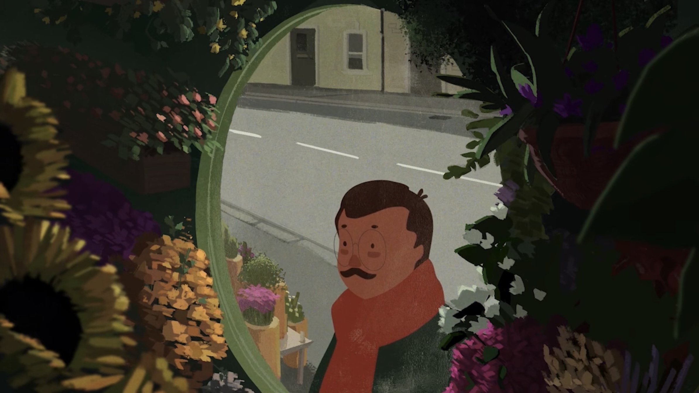Illustration of a man in the street looking into a circular mirror, surrounded by flowers.