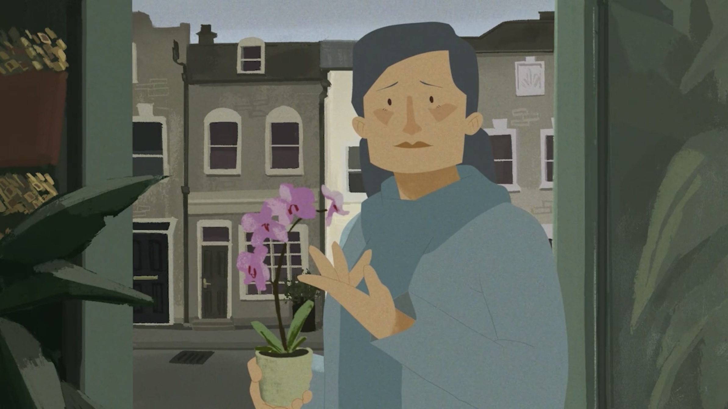 Illustration of a woman looking into a window holding a pot of purple flowers – a scene from 'The Man Who Loved Flowers'.