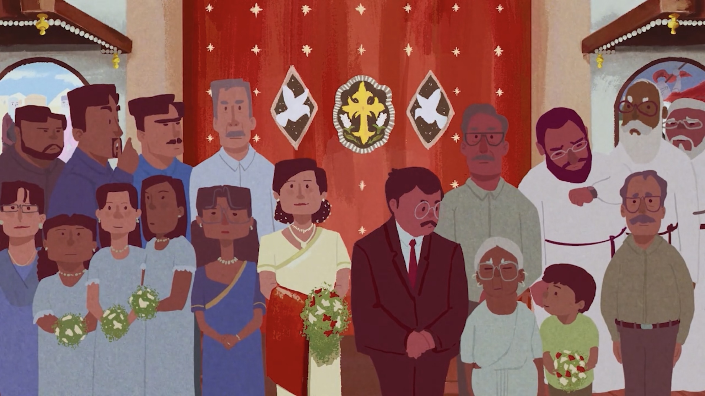 An illustration of an Indian family at a wedding – a scene from 'The Man Who Loved Flowers'.