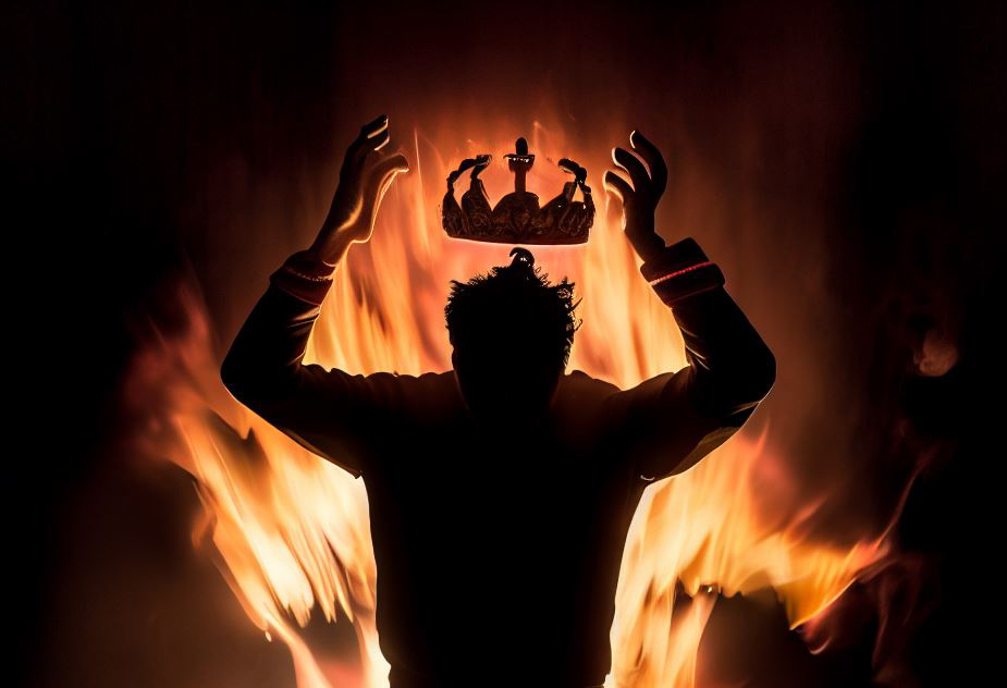 Silhouette of a man with fire in the background. The man has his arms raised and a crown is floating above his head.