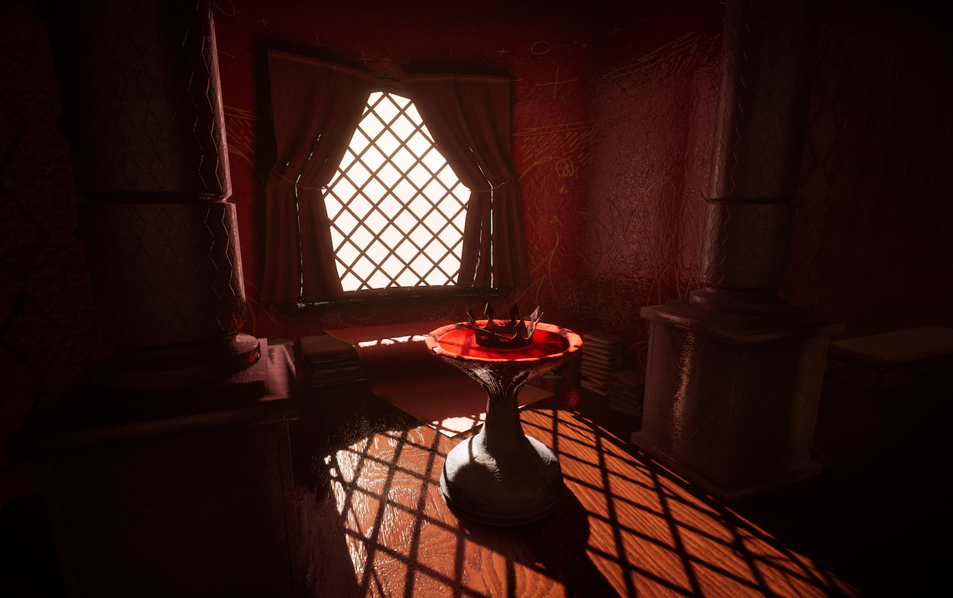 An interior space with red walls and patterned decor. A round table with a red dish sits at the centre, beside a large window dressed with curtains. Sunlight streams through the lattice window, casting shadows on the floor.