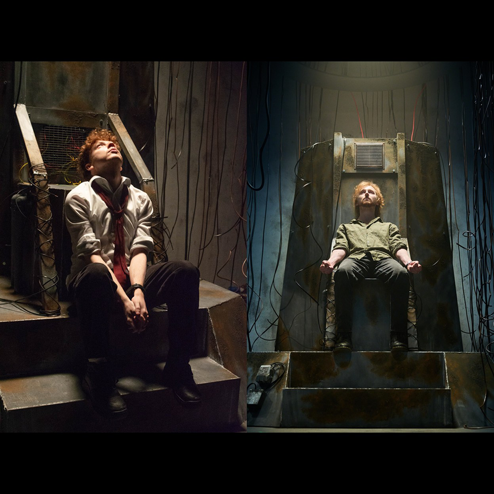 Two men in interrogation rooms with bright overhead lights. Left: man sits on steps looking up. Right: man sits in chair facing forward.