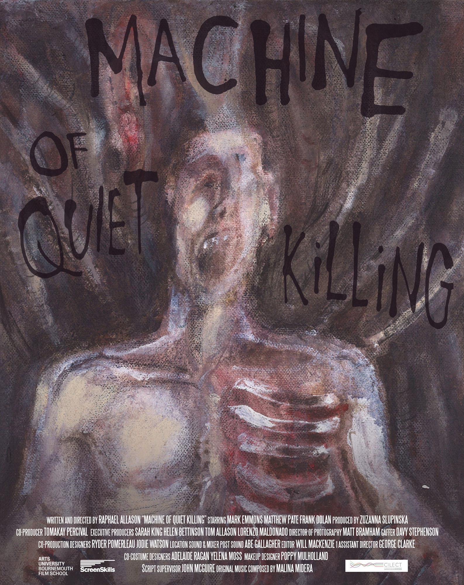 Film poster with dark grey background showing distorted figure with exposed ribcage in centre, black text "MACHINE OF QUIET KILLING" above.