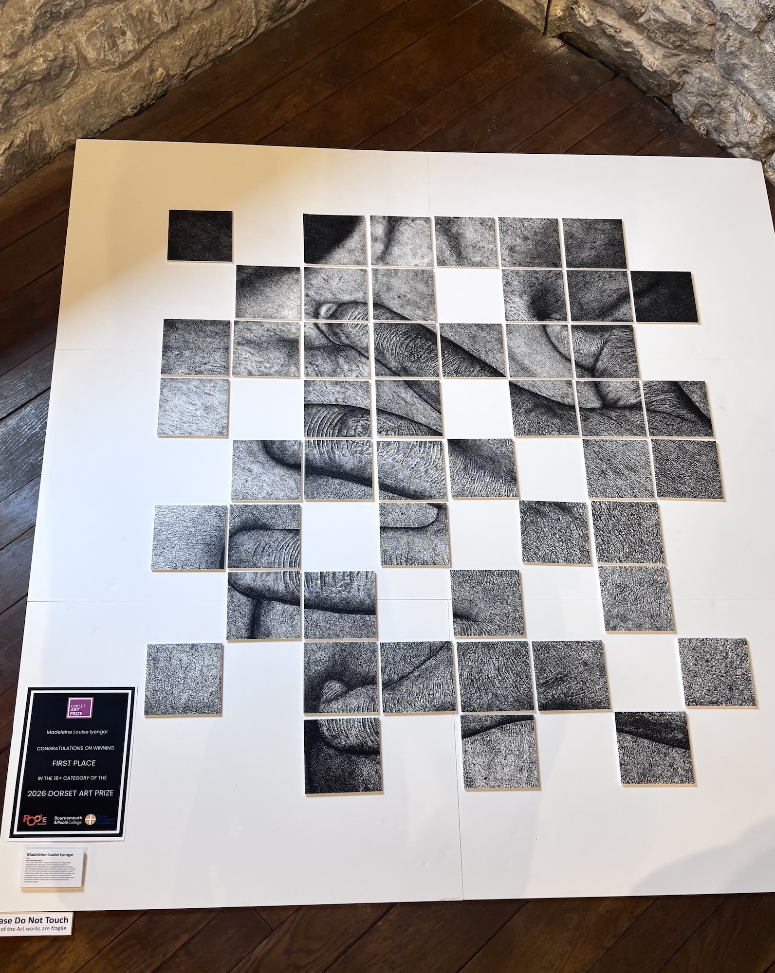 A grid composed of multiple black and white square tiles displaying intricate textures and patterns. At the bottom left, a plaque reads 'First Prize' and includes the name 'Dora Court' along with event details.