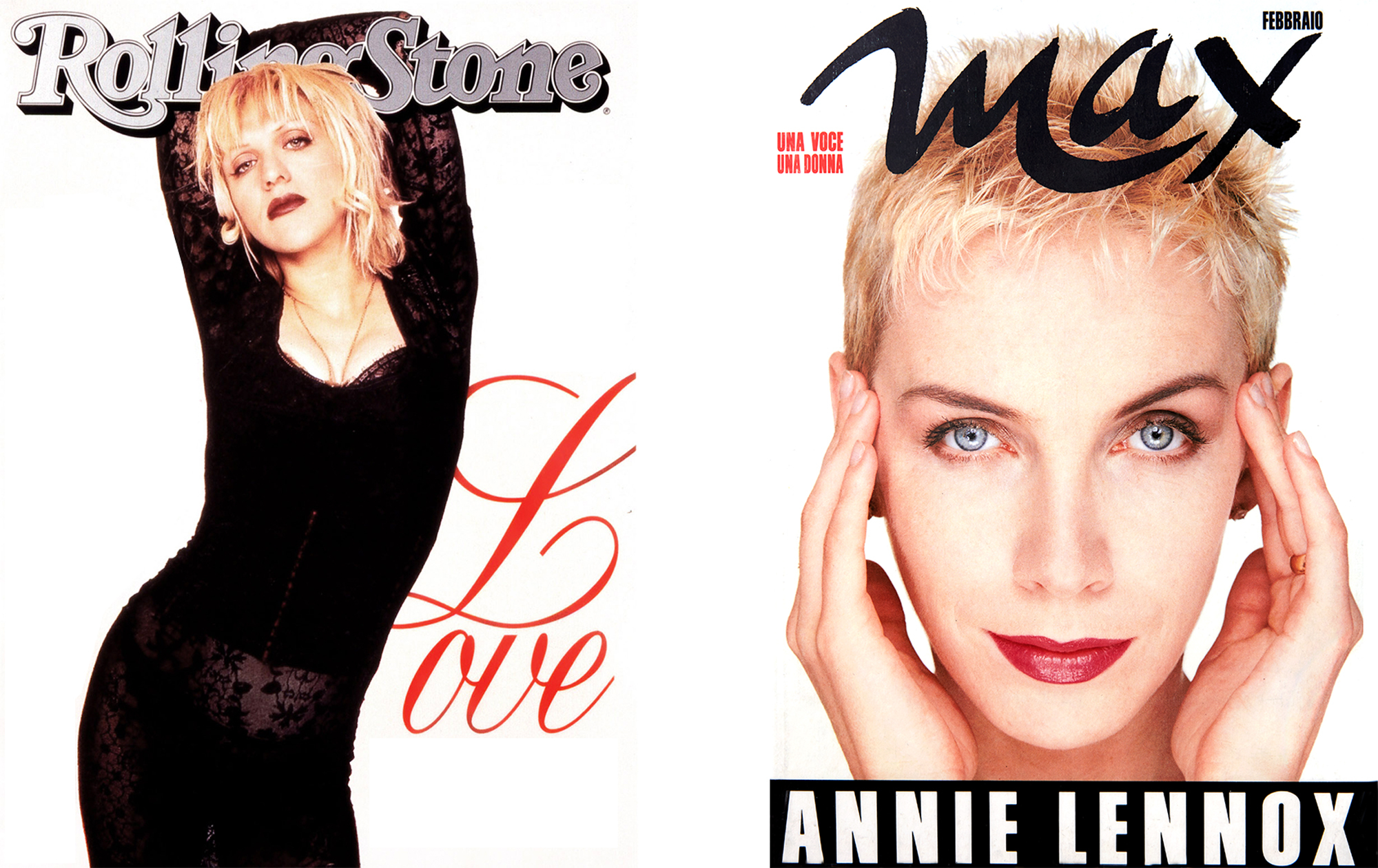 Two magazine covers featuring blonde woman in black clothing. Left: Rolling Stone with red "Love" text. Right: Max magazine close-up portrait.