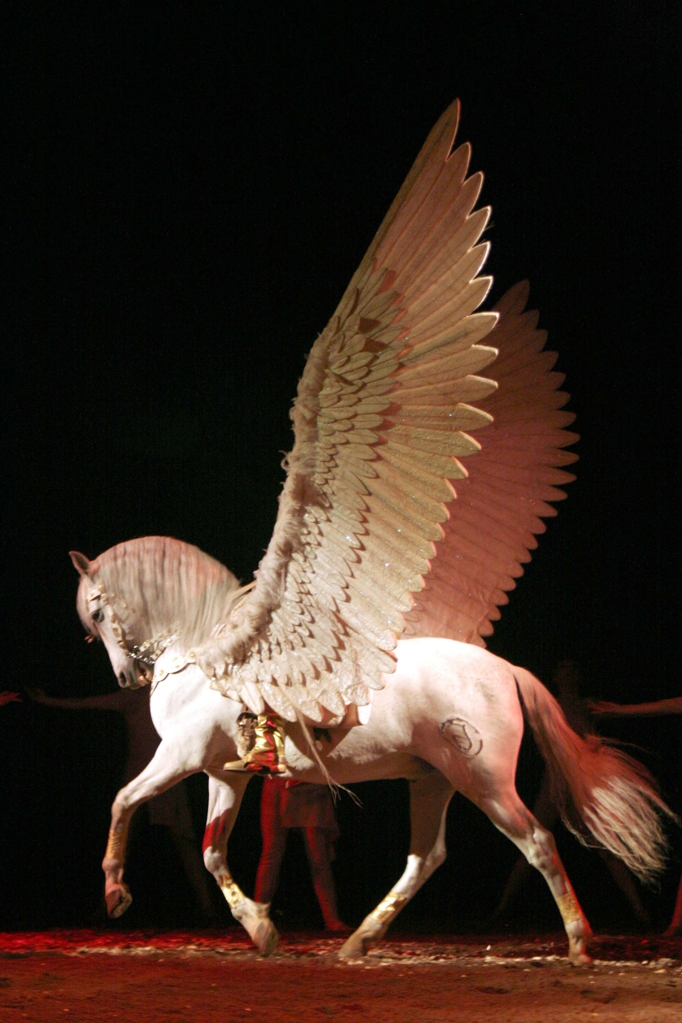 A carnival prop of a white winged horse.