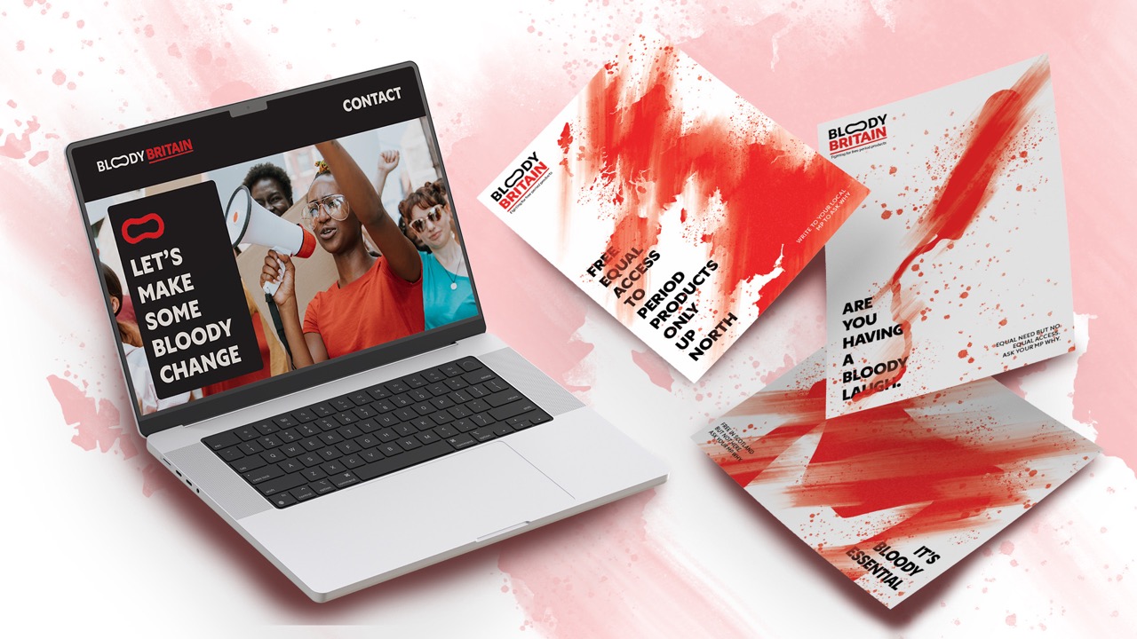 A laptop displaying a vibrant campaign on its screen, with the message "Let's Make Some Bloody Change" and colourful images of three individuals. Next to it are three promotional postcards featuring red paint splashes and provocative questions, set against a light background.