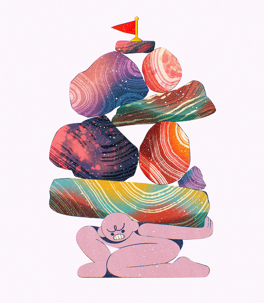 Illustration of a pink cartoon character strained whilst holding up multicoloured rocks, white background.