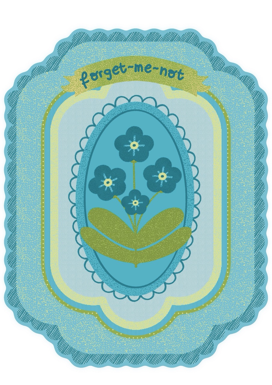 A turquoise forget-me-not floral illustration with four blue flowers and green leaves inside a decorative scalloped border.