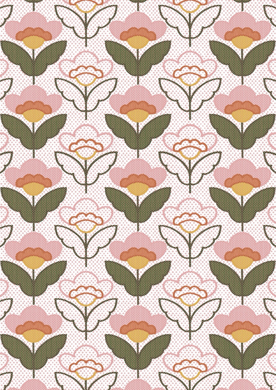 A repeating floral pattern with pink and orange flowers, olive-green leaves and dotted outlines on a pale background.