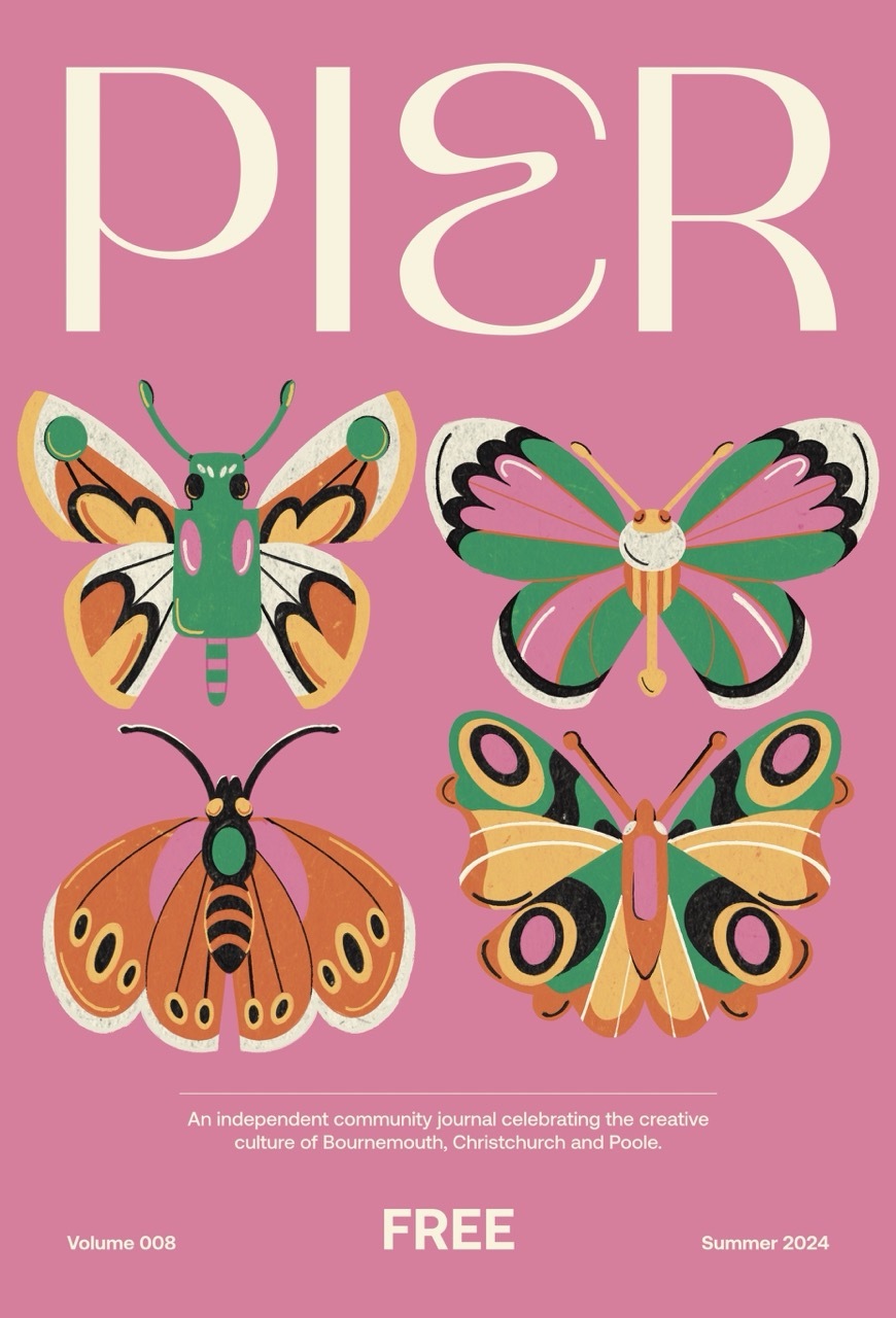 PIER Volume 008 magazine cover featuring four patterned butterflies in a grid-like formation.