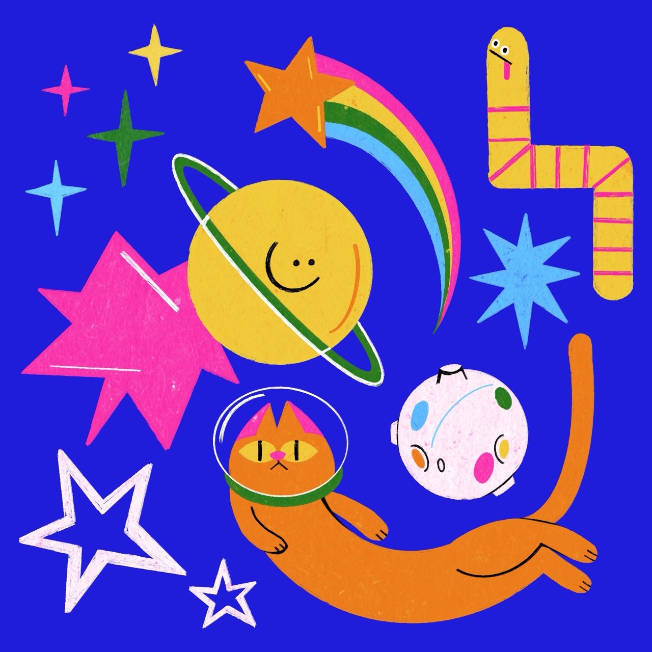 A space scene picturing a cat with an astronaut helmet, a smiling planet, a worm-like creature poking its tongue out and a variety of stars.