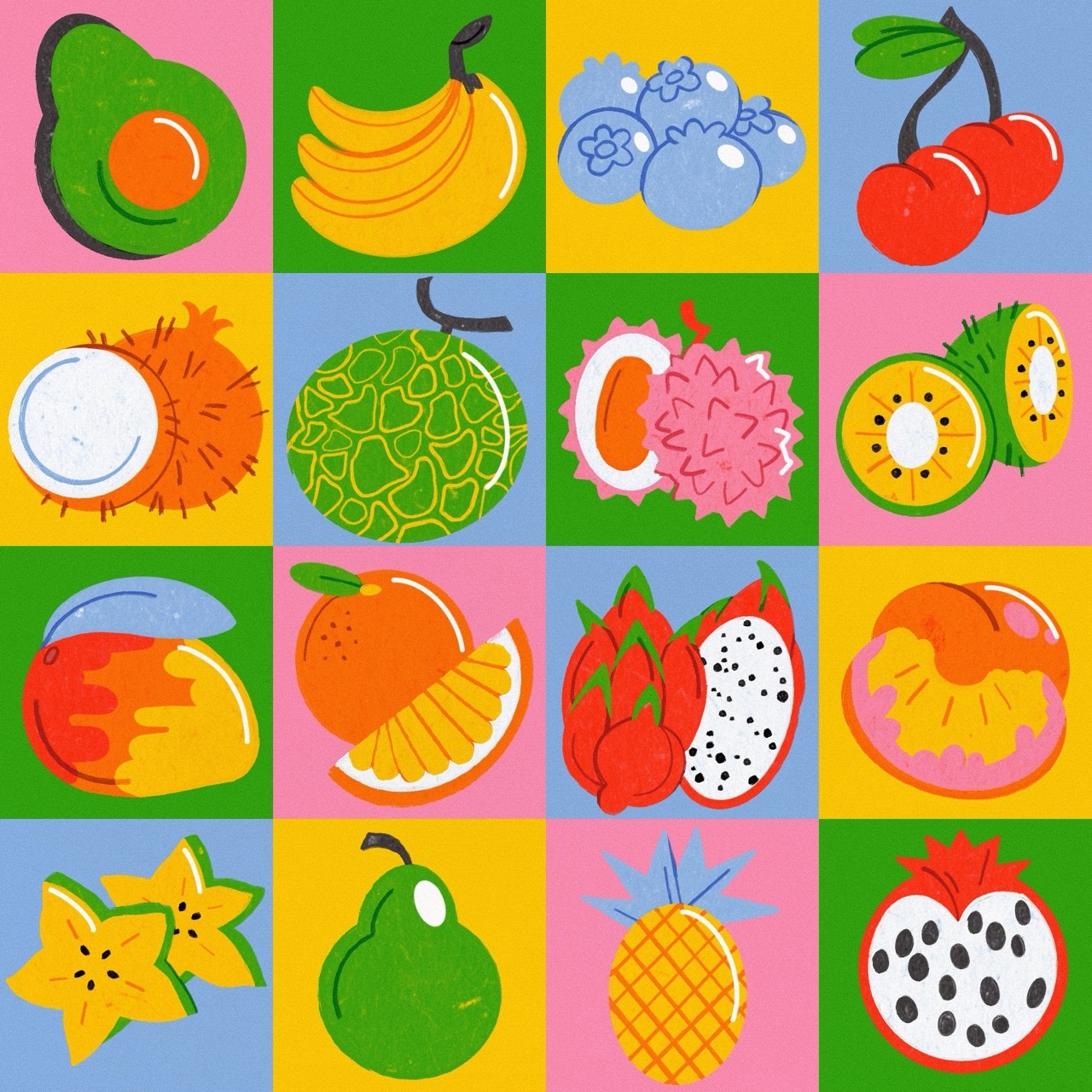A grid pattern featuring various fruits, including avocado, banana, blueberry, cherry, coconut, melon, lychee, kiwi, mango, orange, dragon fruit, peach, starfruit, pear, pineapple and pomegranate.