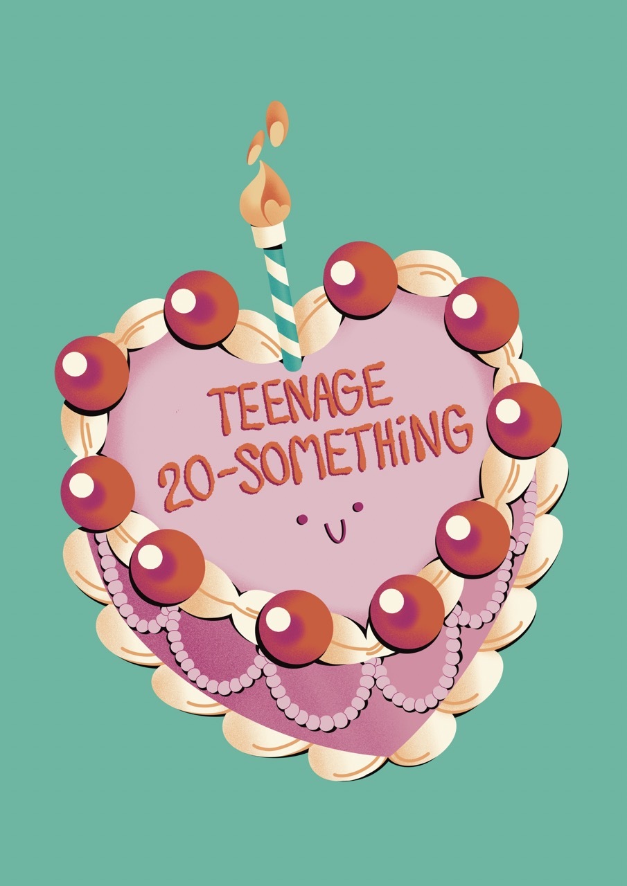 A birthday card featuring a heart-shaped cake adorned with cherries, piped icing and a singular candle. The text on the cake reads “Teenage 20-Something".