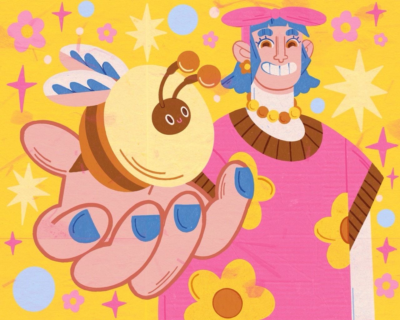 An illustration featuring a brightly-dressed woman extending her hand towards the audience. In her hand is a smiling bee. Behind her, flowers and sparkles cover the background.