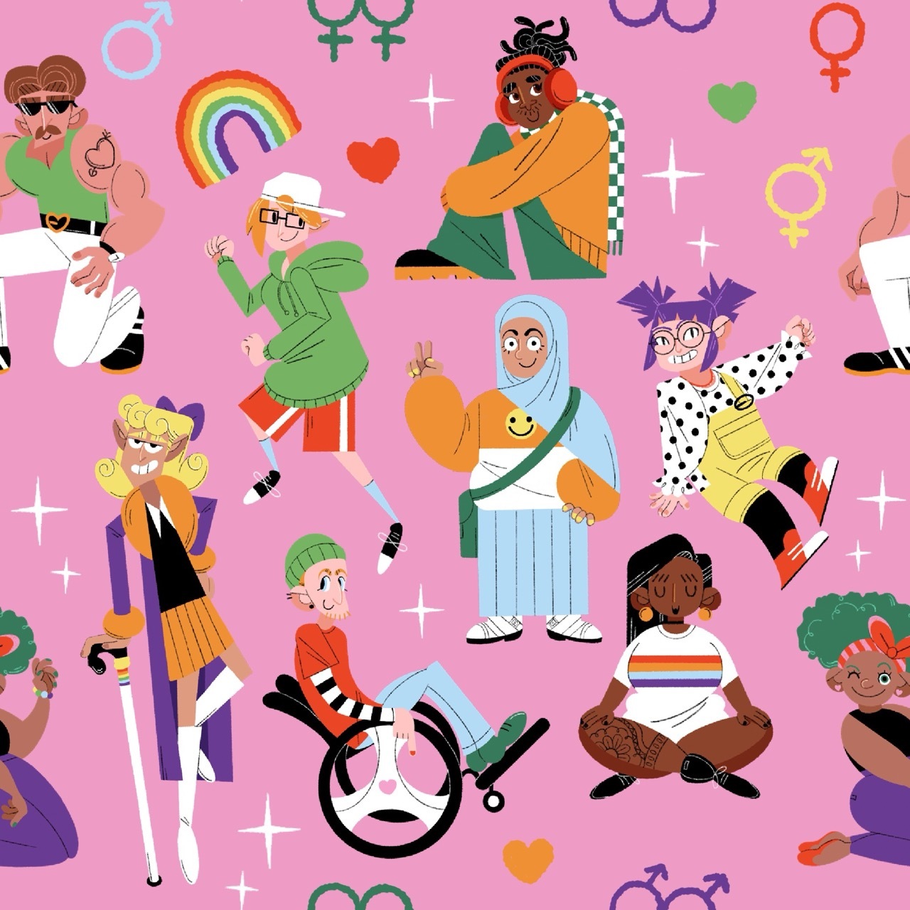 A repeat pattern themed around the LGBTQ+ community. It features various queer people, as well as symbols and flags that represent the community.