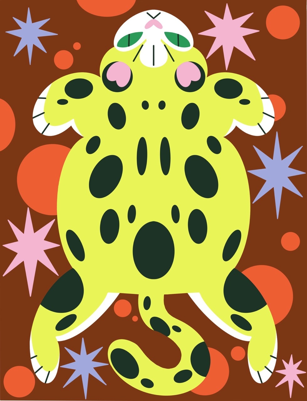 An illustration of a symmetrical, leopard-like creature lying flat. Surrounding it are abstract, star shapes and circular forms.