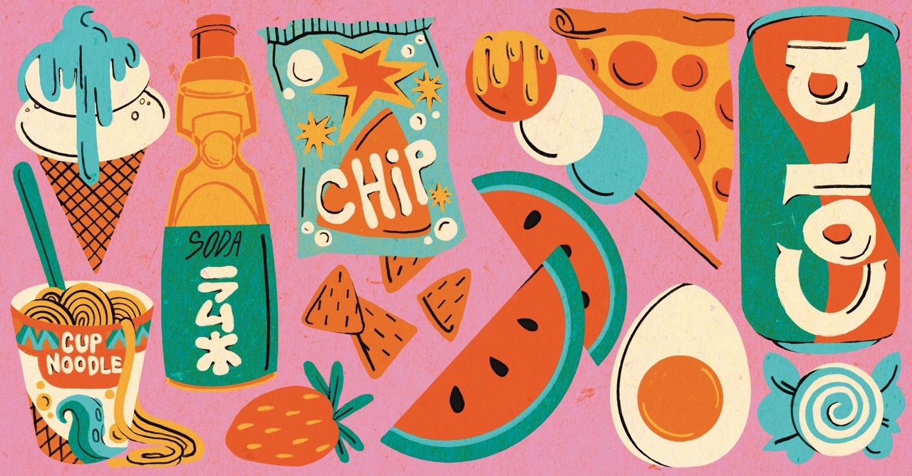 An illustration of various foods, including ice cream, noodles, Japanese soda, strawberries, chips, watermelon, mochi, pizza, egg, cola and sweets.