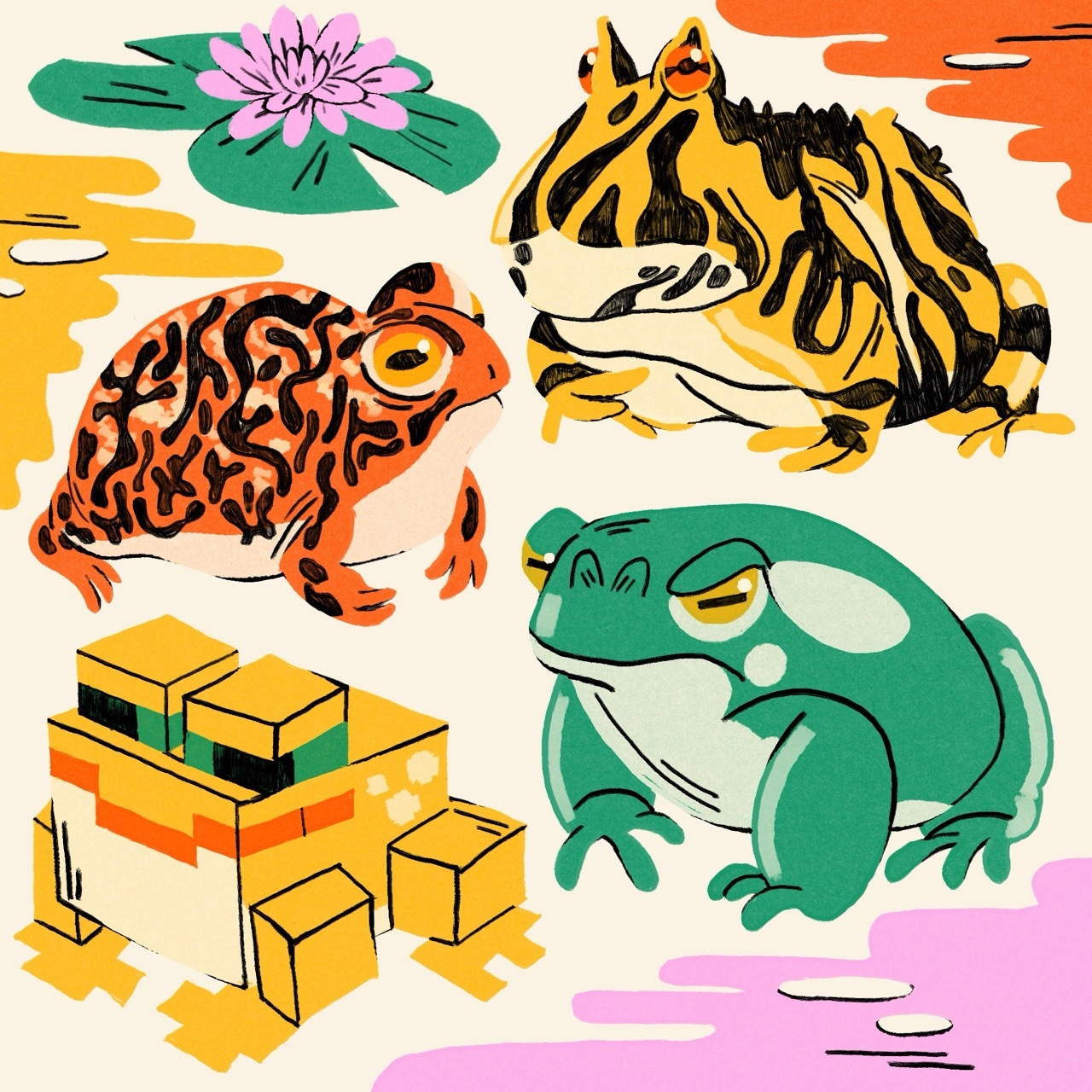 An illustration featuring four frogs of various shapes and sizes. Surrounding them are abstract forms and lily pads.